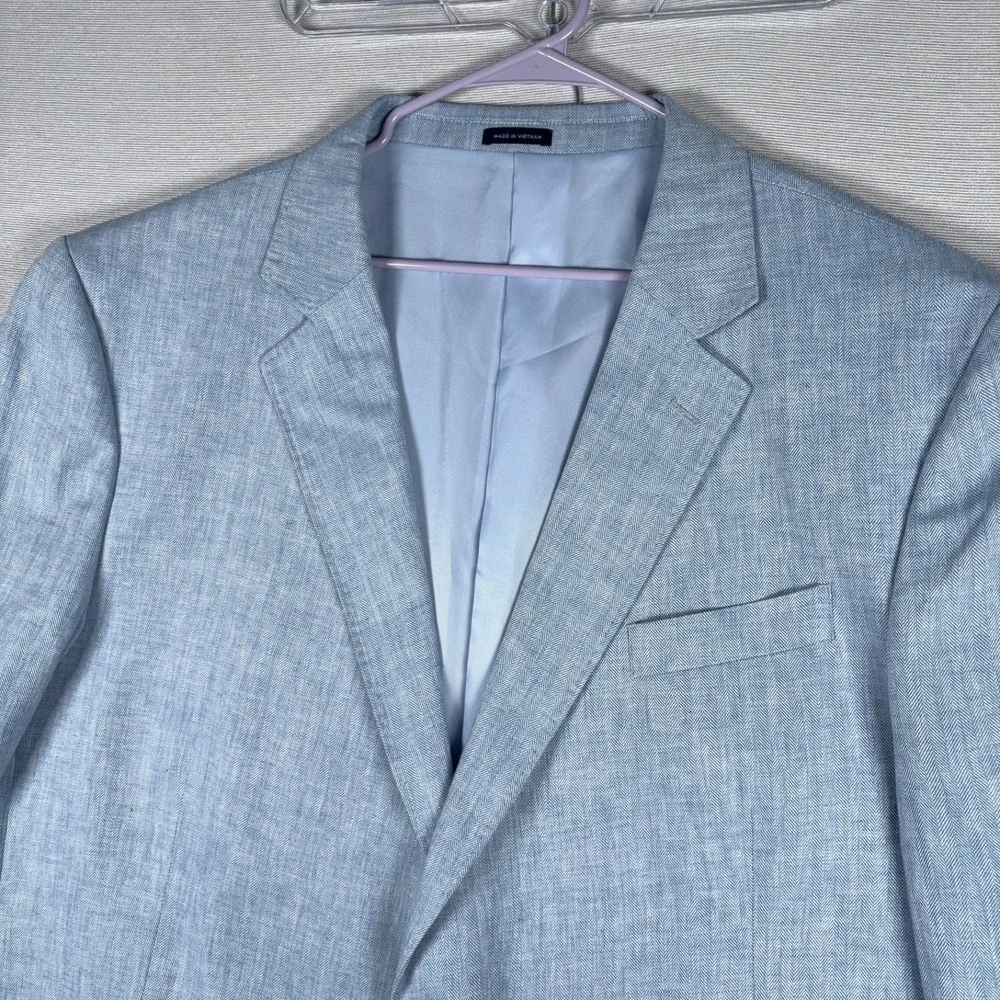 Stafford Linen & Cotton Blazer Mens Size 54L Blue Herringbone Double Vented